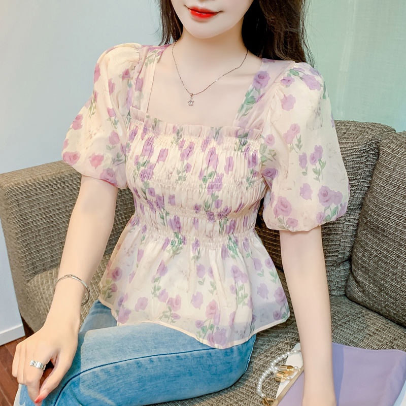 Áo sơ mi nữ hoa cổ vuông kiểu pháp mùa hè với tay áo bong bóng tay ngắn và thời trang eo thon