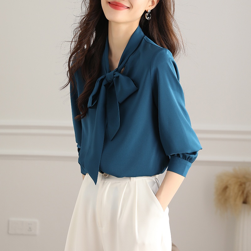 Áo Sơ Mi Thắt Nơ Ruy Băng Lụa Màu Trắng / Đen / Đỏ / Xanh Dương Thời Trang Xuân Thu Cho Nữ