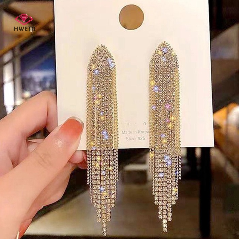 Hwetr dài tua đầy đủ rhinestone bông tai thả cho phụ nữ ovsize pha lê dangle bông tai phụ kiện trang sức thời trang mới