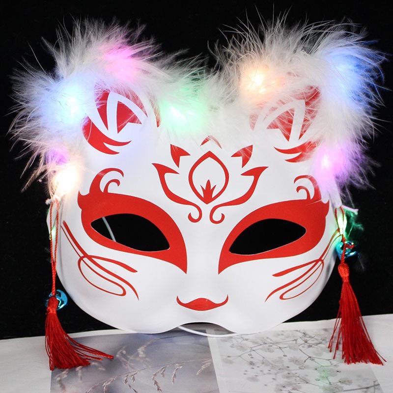 Mặt nạ mèo hóa trang Halloween phong cách Nhật Bản có đèn đẹp mặt nạ cáo nửa mặt