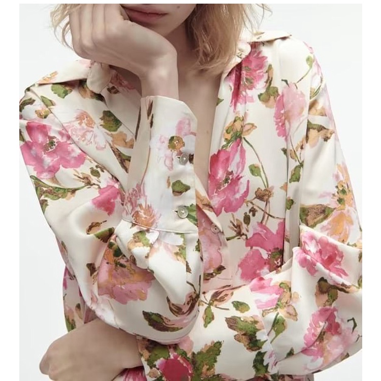 Áo Sơ Mi Lụa Satin Cổ V In Hoa Thời Trang Xuân Hè Zara 237969235