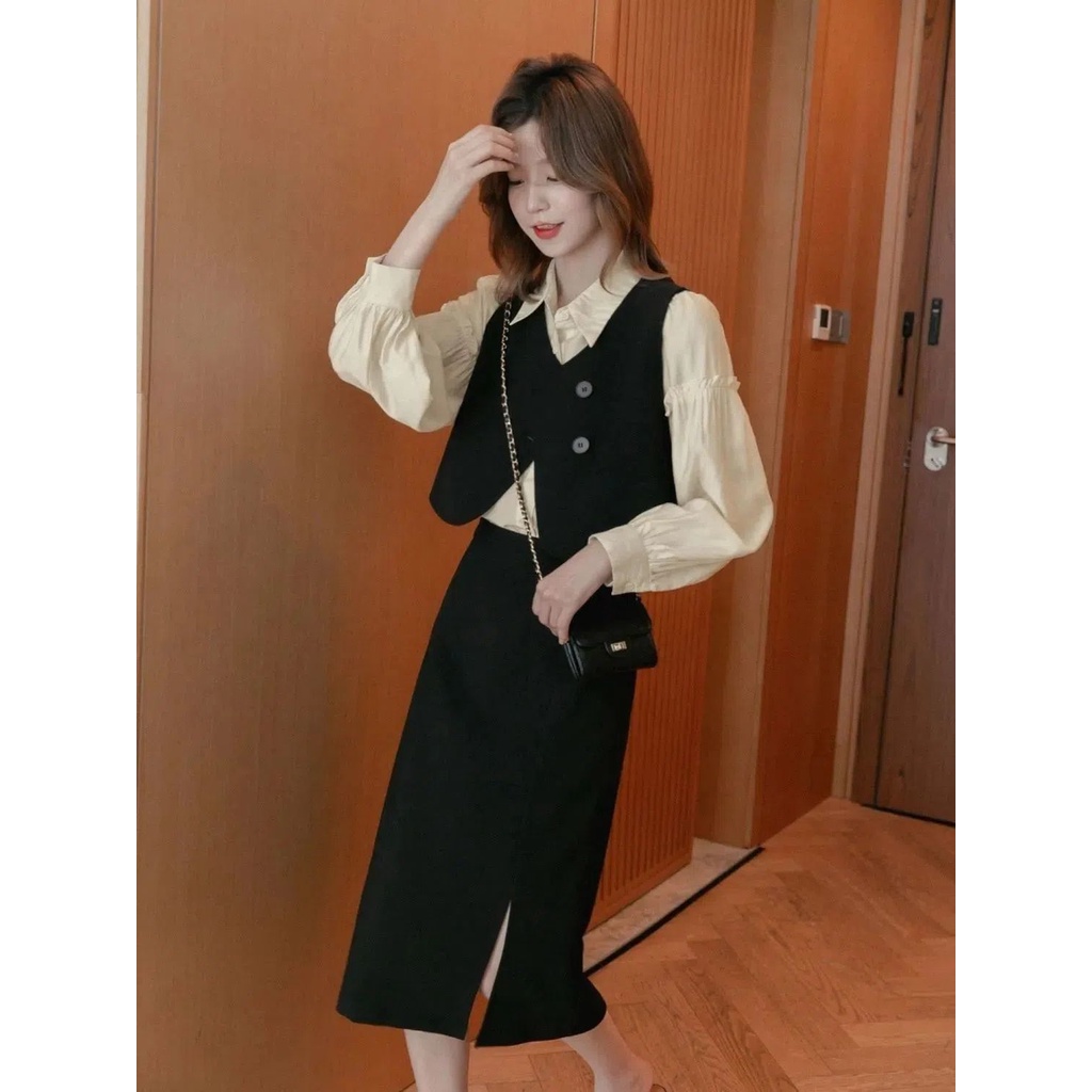 2024Bộ Áo Sơ Mi Tay Dài + Áo Khoác vest + Chân Váy Ngắn Thời Trang Công Sở Cao Cấp Cho Nữ