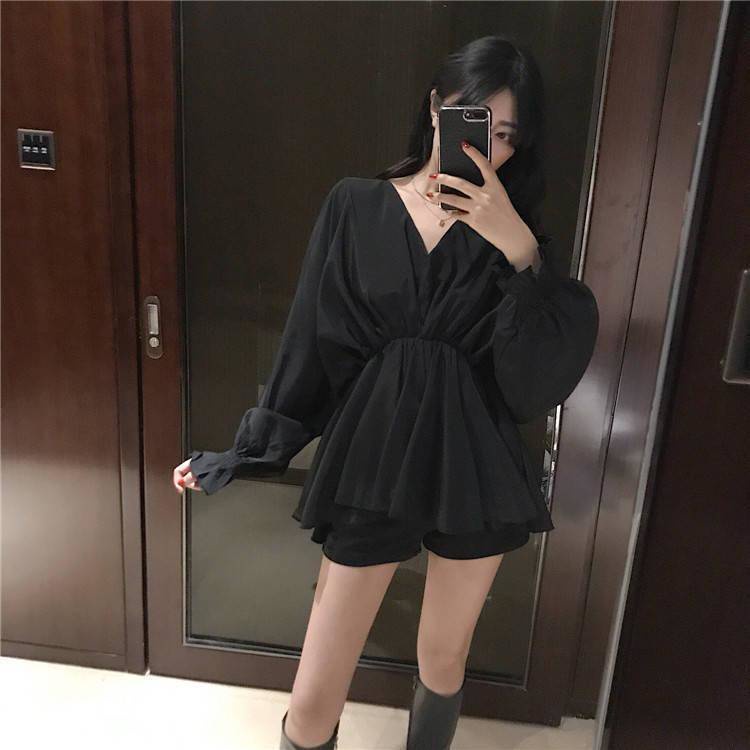 Áo cánh dơi nữ mùa xuân 2023 áo cánh dơi v-cổ - áo sơ mi quấn eo vừa vặn