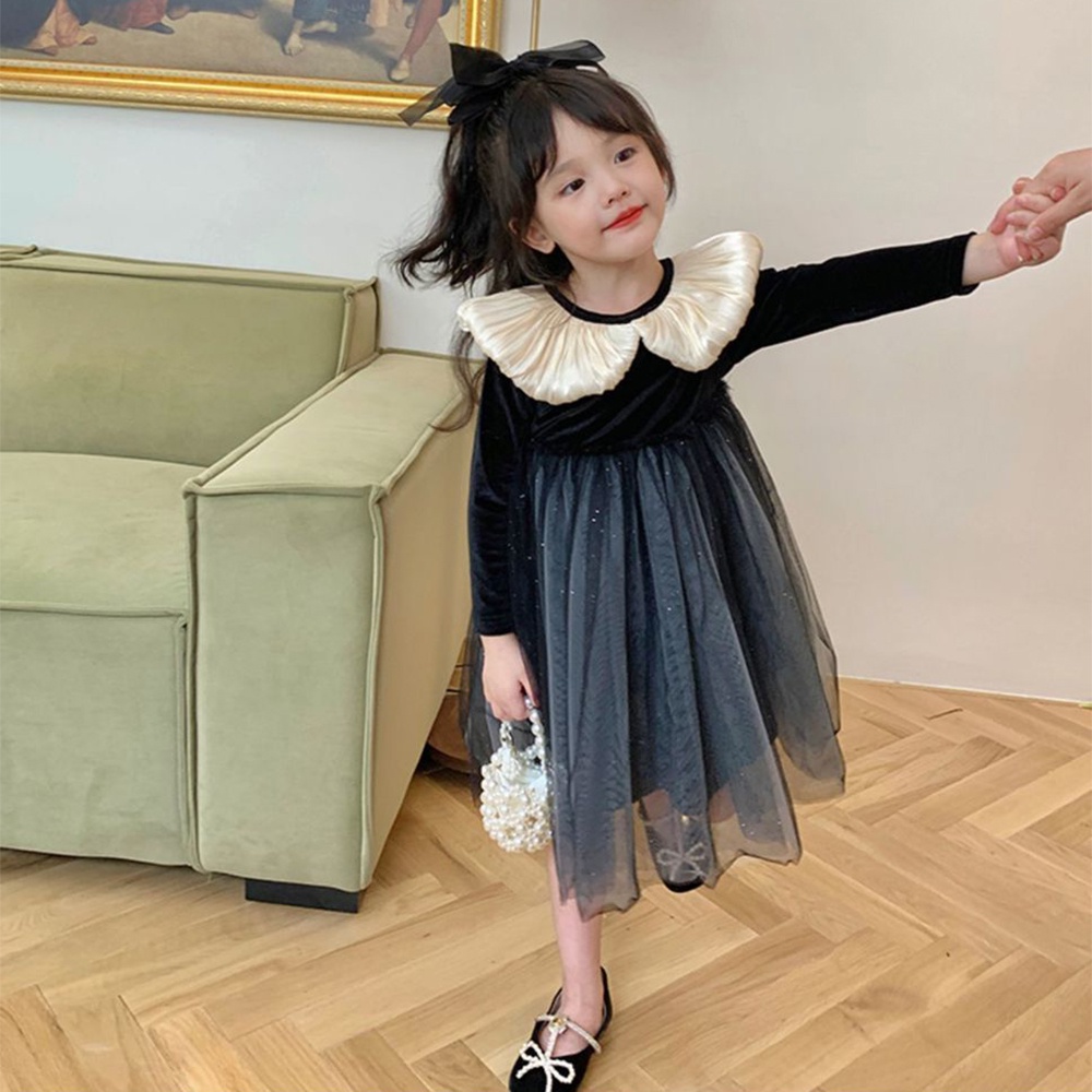 BEAR LEADER Gấu lãnh đạo bé gái búp bê cổ áo nhung chắp vá công chúa váy cho bé gái 2-6 tuổi hàn quốc quần áo mùa thu trẻ em kỳ nghỉ trang phục tiệc