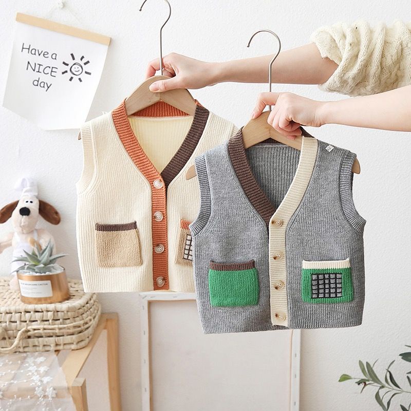 Bé trai áo len vest cardigan thời trang trẻ em áo ghi lê mùa xuân mặc ngoài cho bé 2023 phong cách mới trẻ em áo vest dệt kim