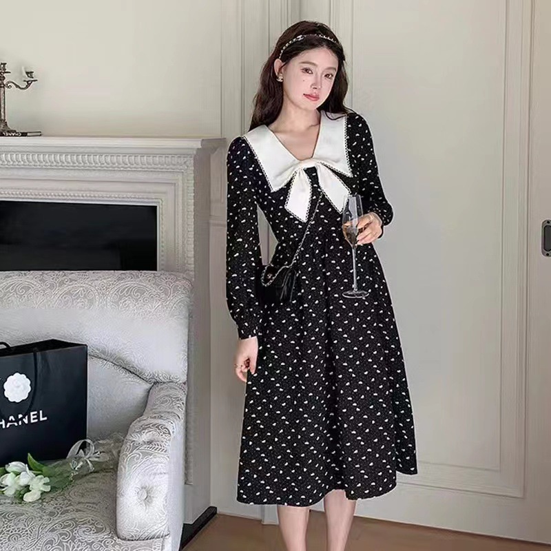 Đầm tay dài thắt nơ chấm bi đen thời trang Pháp retro mùa thu cho nữ