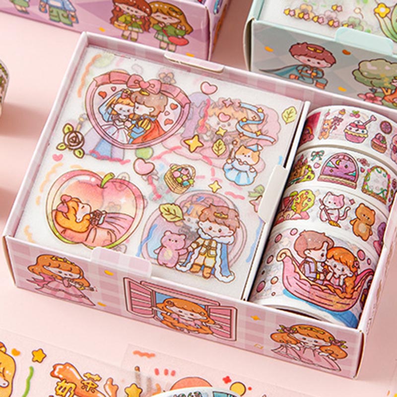 Hộp 8 món băng keo dính Washi tape + sticker dán trang trí sổ lưu niệm DIY hoa tiết hoạt hình cute OUYOUVN