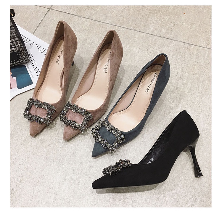 Giày Cao Gót Mũi Nhọn Phối Khóa Vuông Đính Đá Phong Cách Pháp Thời Trang Mới 2023