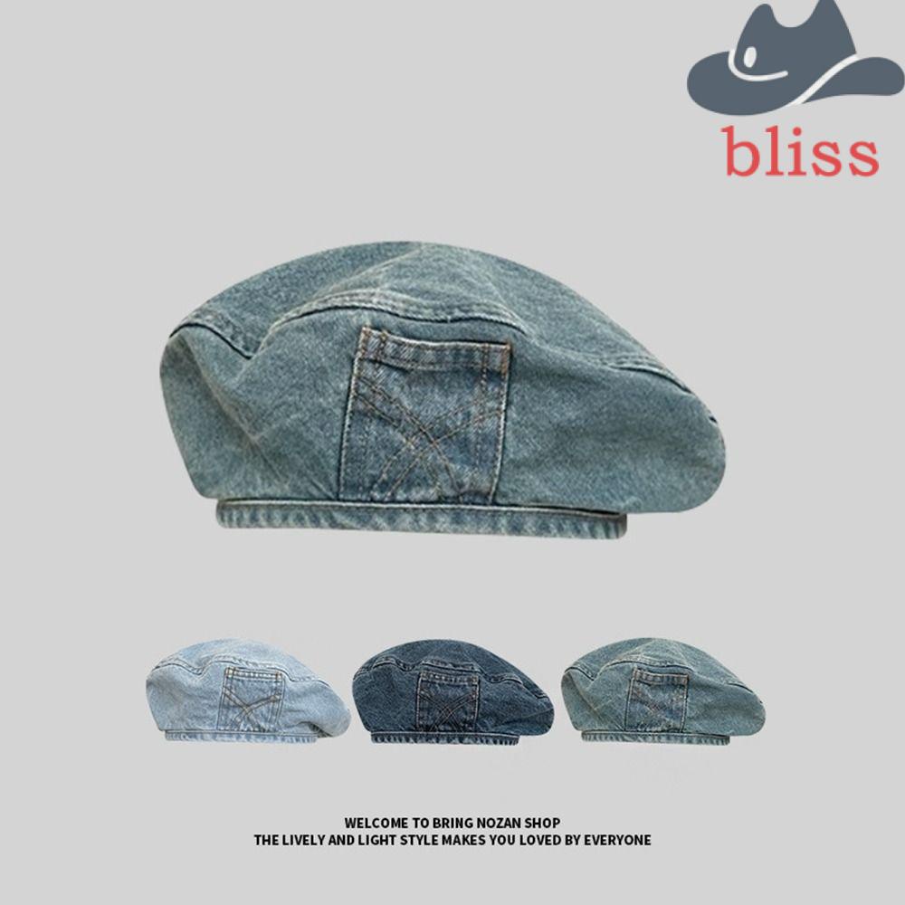 Bliss denim beret, mũ bát giác phong cách hàn quốc, thời trang newsboy mũ nghệ sĩ mũ vải cô gái