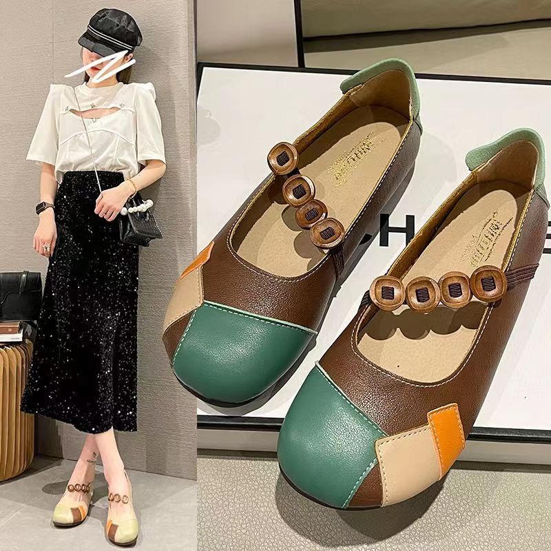 Da thật đế mềm phong cách mới giày đế gân bò mẹ giày da mùa xuân thu giày da phong cách dân tộc giày nữ thoải mái phẳng retro giày đơn