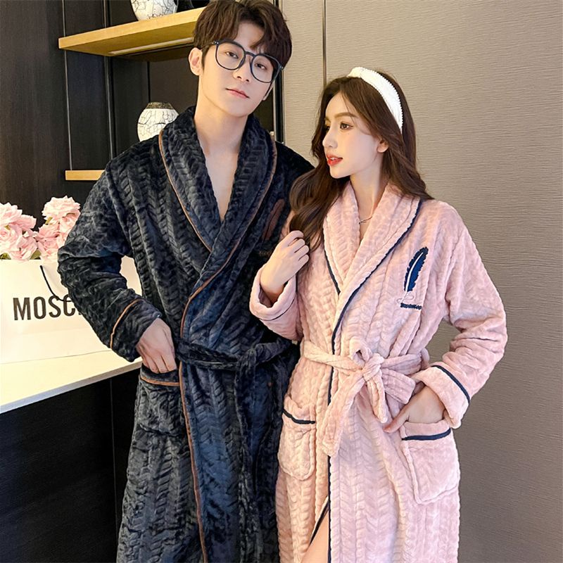 Mùa đông flannel cặp đôi váy ngủ nam san hô lông cừu đồ ngủ của phụ nữ lót lông cừu dày áo choàng tắm ấm áp home serv