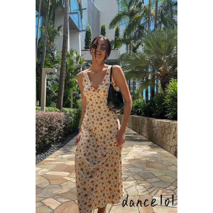 Dance1o1-phụ nữ không tay cổ v không lưng in hoa váy dài chắp vá