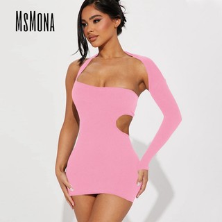 MsMona Nữ Chắc Chắn Một Vai Dài Tay Gợi Cảm Slim-fit Không Đều Đầm