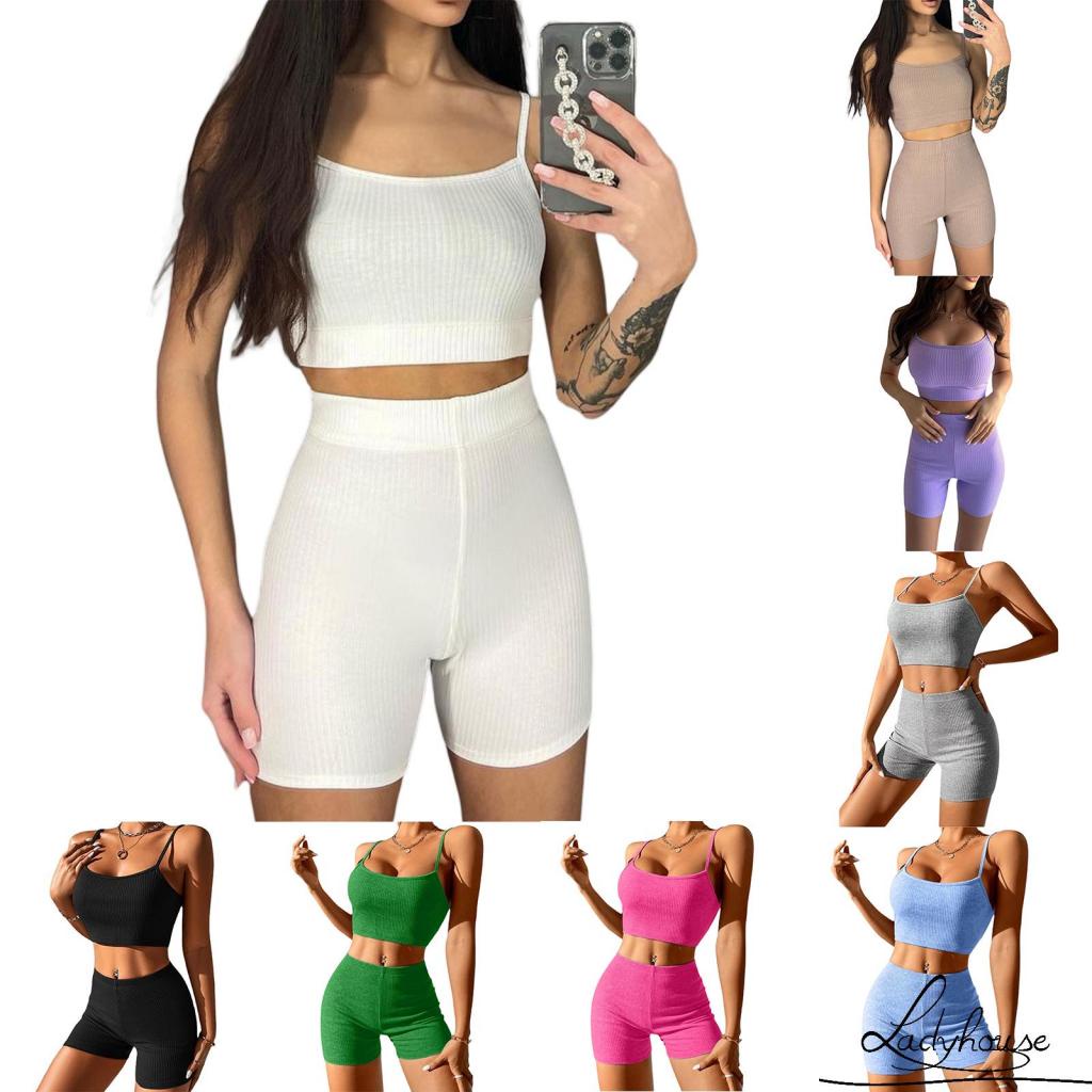 Set Đồ Mùa Hè 2 Món Gồm Áo Hai Dây Gân Gân + Quần Ngắn Eo Cao Cho Nữ Tập yoga