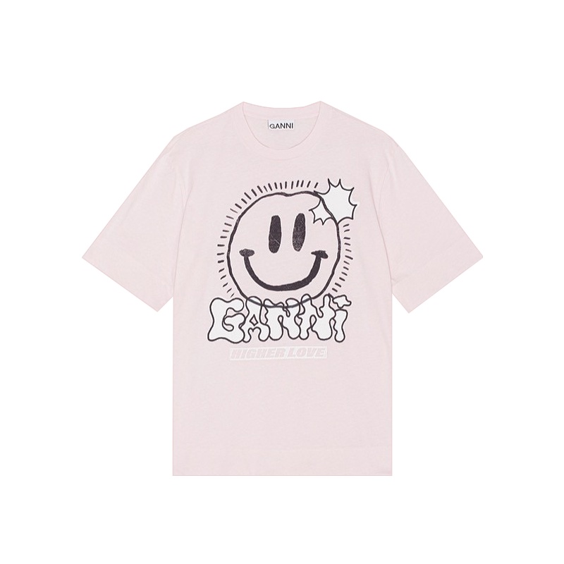 Ganni ladies letter smiley face in cổ tròn tay ngắn áo thun lỏng thường t-shirt tay ngắn
