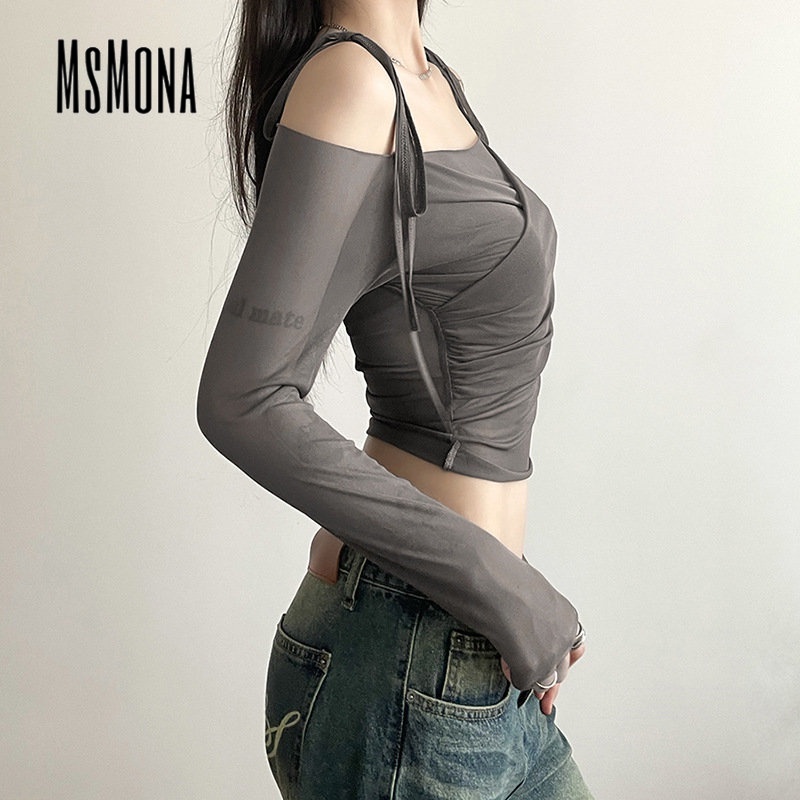 Áo Thun Tay Dài Dáng Ôm Hở Vai Màu Trơn Thời Trang 2023 Dành Cho Bạn Nữ