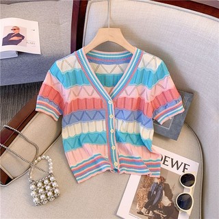 Summer knitted short-sleeved t-shirt nữ mùa hè phong cách mới cầu vồng màu sọc trên
