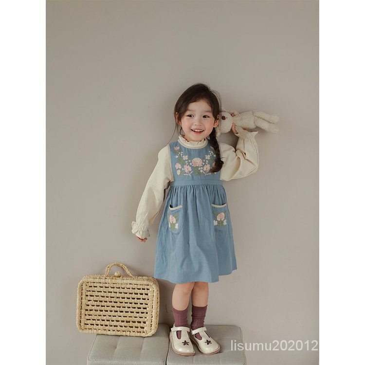Hàn quốc cô gái hàn quốc mùa xuân hoa thêu vest váy mùa xuân thu phong cách mới bé gái thời trang váy trung-length