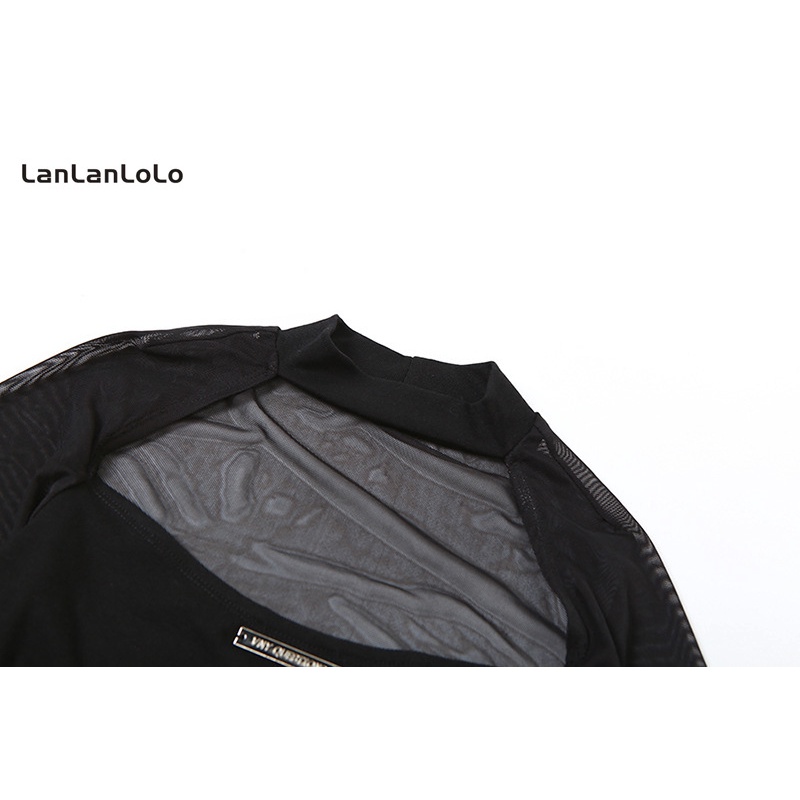 Lanlanlolo women 2023 màu rắn thời trang cổ tròn dài tay áo lưới xương nhìn xuyên thấu bộ đồ bodysuit mỏng gợi cảm | BigBuy360 - bigbuy360.vn