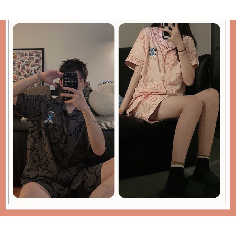 Bộ pijama đồ đôi Bộ đồ ngủ phi bóng dành cho cặp đôi Stitch cartoon couple pyjamas pure cotton short-sleeved high-end loungewear three-piece set