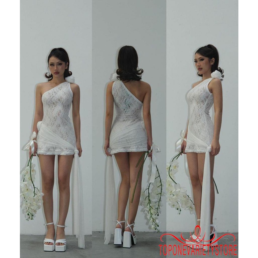 Topone-women one shoulder không tay 3d flower solid color bodycon ren mini party dress