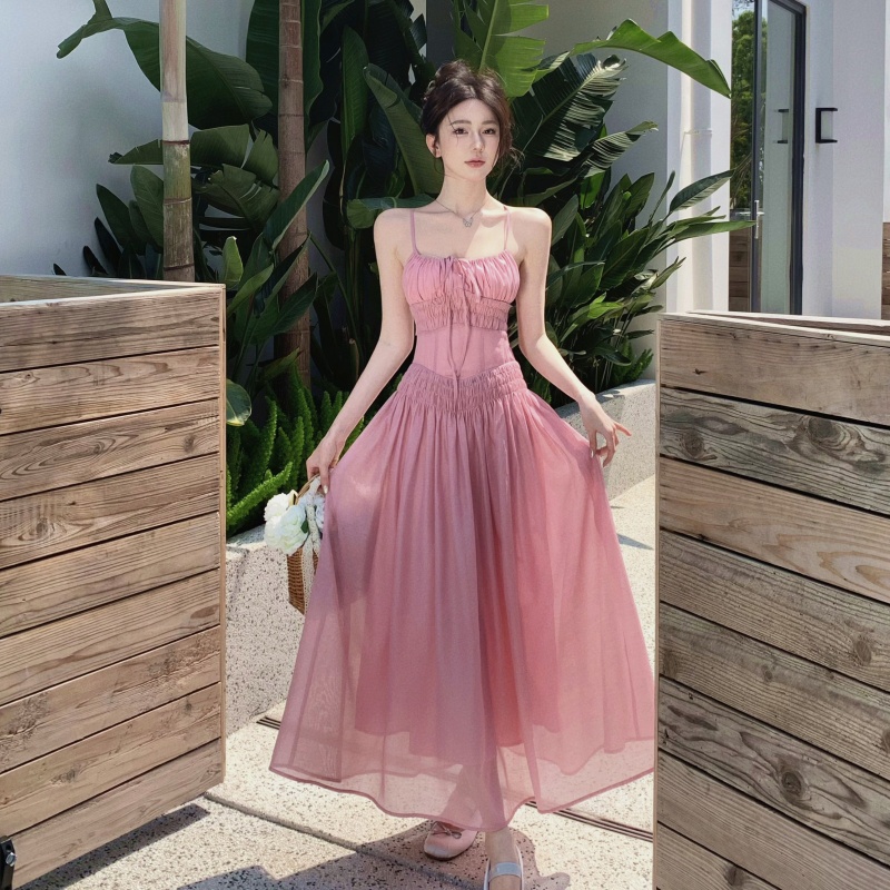 Đầm Hai Dây Dáng Dài Màu Hồng Thời Trang Đi Biển Quyến Rũ Cao Cấp