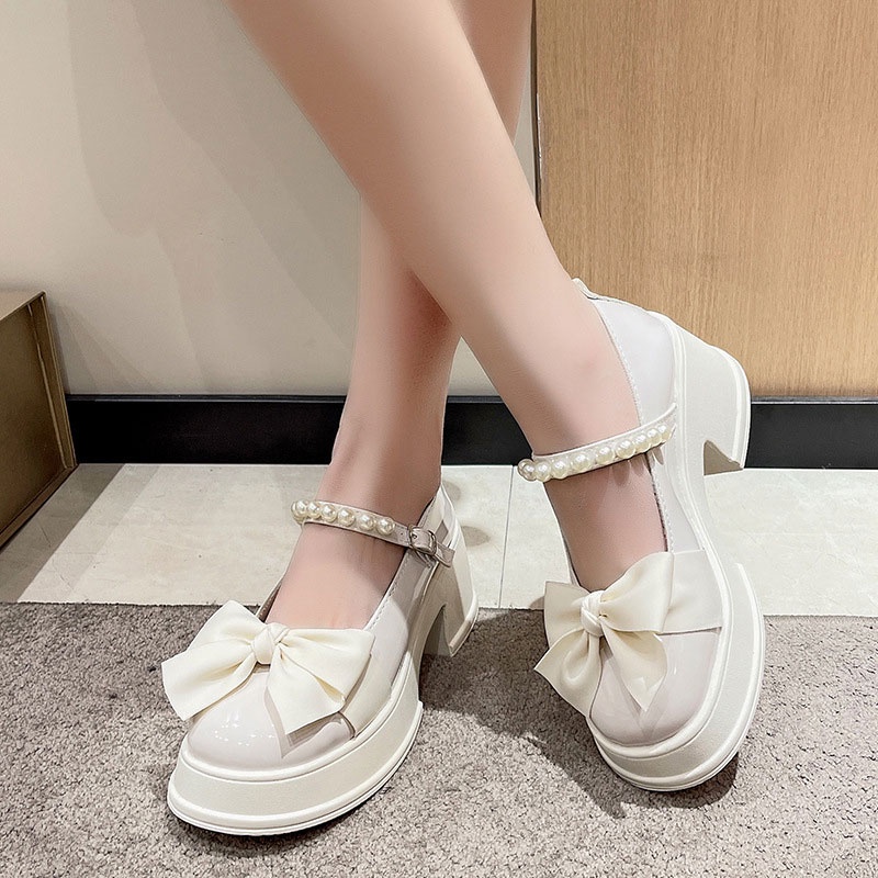 One more shoes⭐Giày Da Đế Dày Thắt Nơ Đính Ngọc Trai Phong Cách Hàn Quốc Cho Nữ