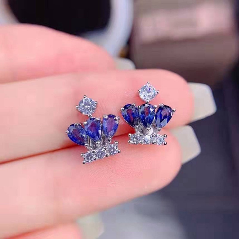 Khuyên Tai Hình Vương Miện Đính Đá Sapphire Sang Trọng Cho Nữ