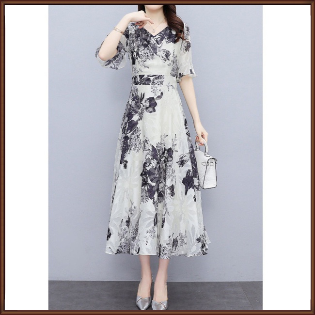Đầm Midi Tay Ngắn Cổ Chữ V In Họa Tiết Hoa Thời Trang Cho Nữ