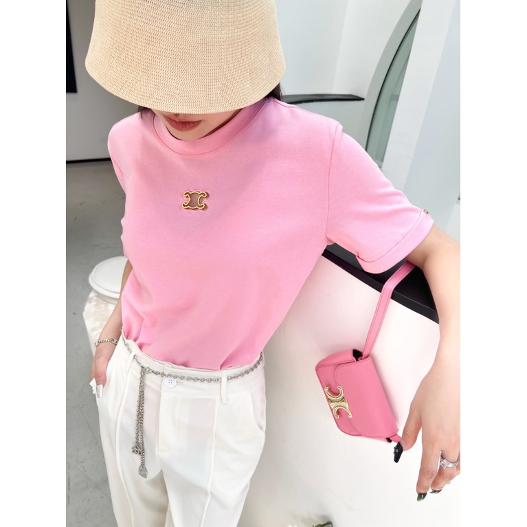 C- ELINE 23 summer new fashion metal badge decoration simple casual all-match loose curling short sleeve t