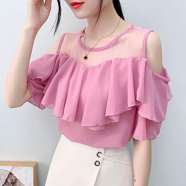 Áo Chiffon Trễ Vai Tay Ngắn Dáng Rộng Phong Cách Phương Tây Ngọt Ngào Thời Trang Mùa Hè Cho Nữ