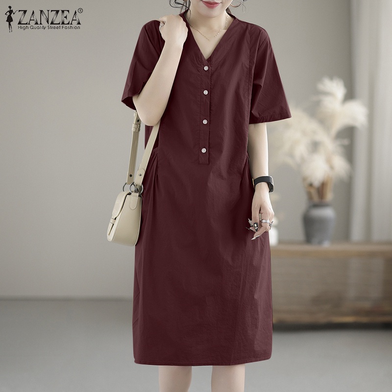 Đầm ZANZEA ngắn tay cổ chữ V có túi thời trang dành cho nữ