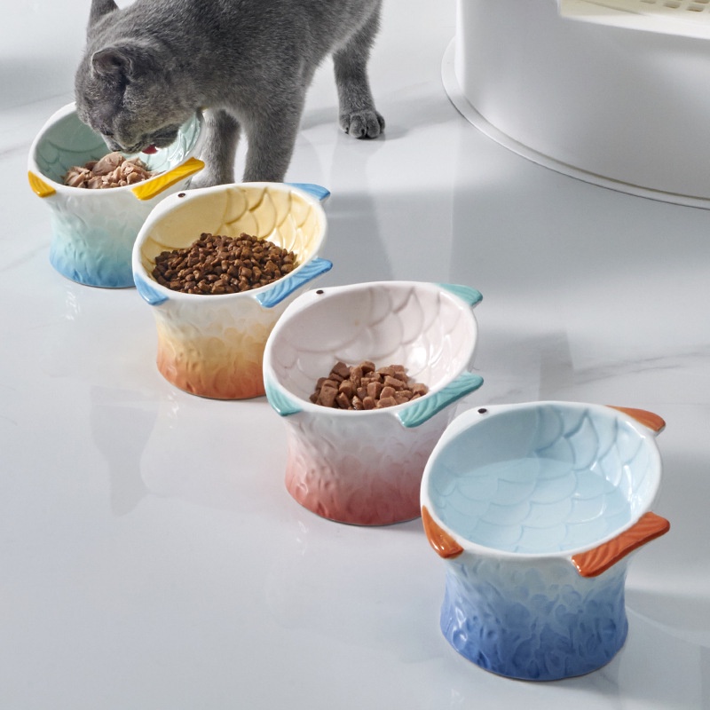 Cat Bowl Cat Feeder Dog Bowl Dog Bowl Baby Cat Bowl Ceramic Cat Food Bảo vệ cột sống cổ ăn lưu vực thức ăn cho mèo Cat Bowl Colorful Fish Series