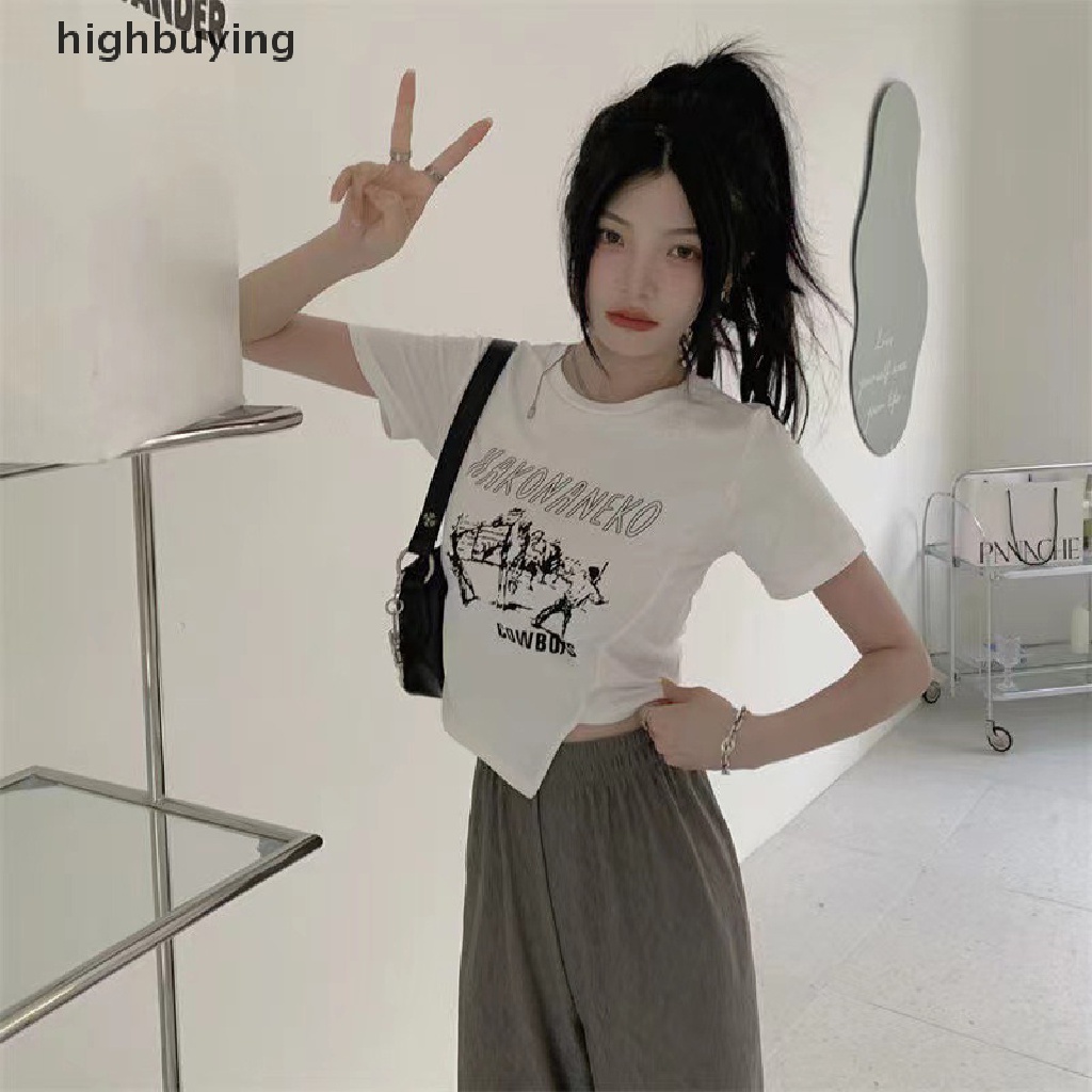 Áo Thun Lửng Ngắn Tay Cổ Tròn In Họa Tiết Retro Thời Trang Cho Nữ