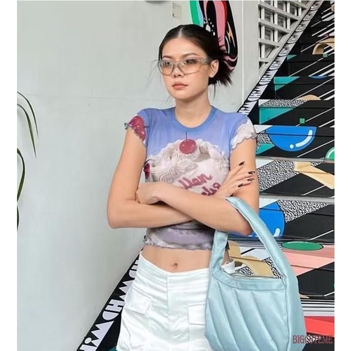 [] Áo Thun Lưới Tay Ngắn In Chữ Lettuce Trim Thời Trang Mùa Hè Dành Cho Nữ Đi Tiệc Đường Phố