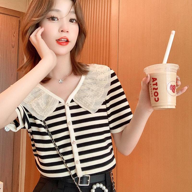 Áo Sơ Mi Nữ Tay Ngắn Cổ Búp Bê Họa Tiết Sọc Dọc Phối Ren Thời Trang Mùa Hè