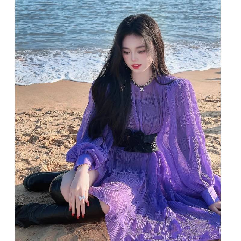 New French chic high-end dress retro Hong Kong style purple long-sleeved dress girls' design chiffon dress knitted vest wrap skirt two-piece set