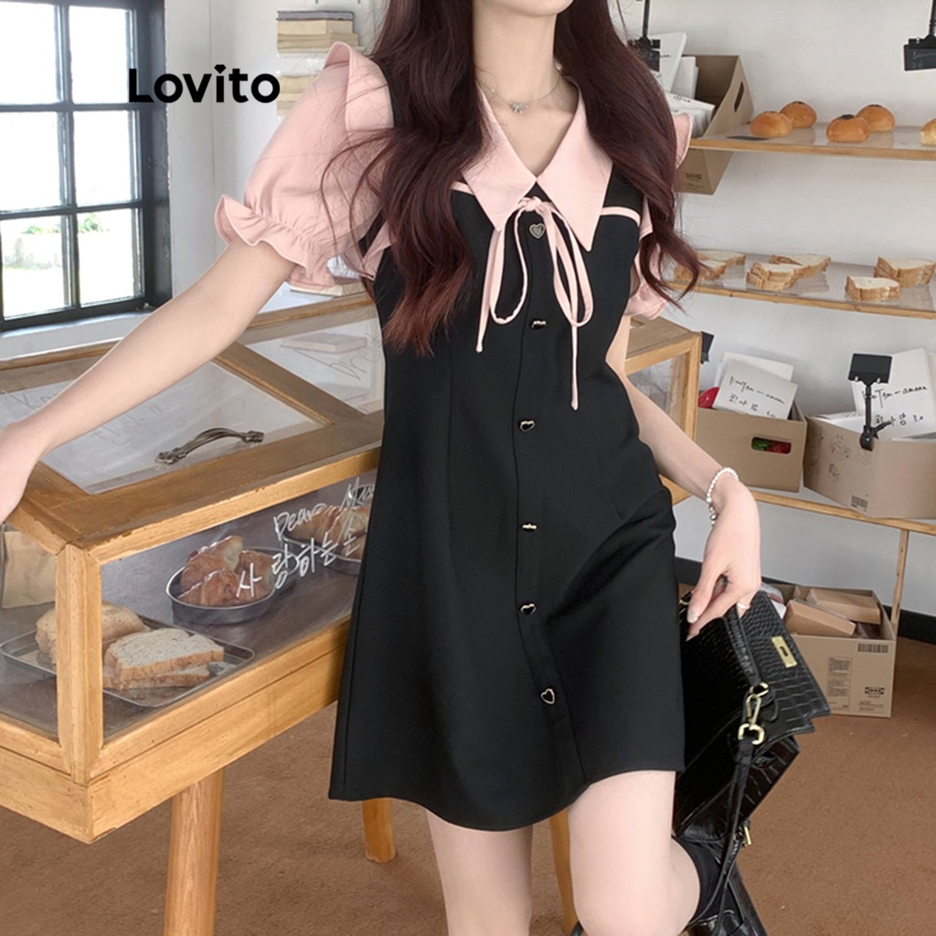 Đầm Lovito cổ Peter Pan màu trơn buộc dây ghép nối màu sắc phong cách học đường cho nữ LNE05092 (màu đen)