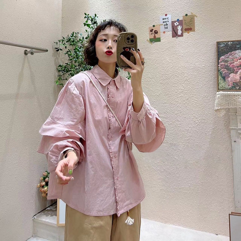 Áo Sơ Mi Tay Phồng Hai Lớp Viền Gợn Sóng Thời Trang Hàn Quốc 2023 Dễ Phối Đồ Cho Nữ