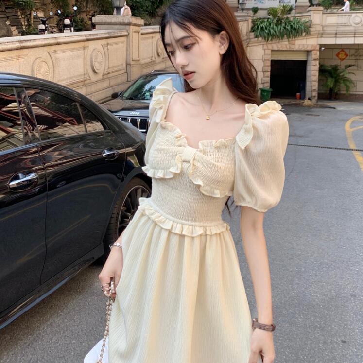 Đầm Tay Phồng Dáng Chữ A Màu Vàng Phong Cách Pháp Ngọt Ngào Thời Trang Mùa Hè Cho Nữ