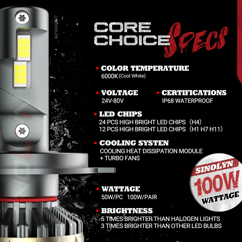 Đèn Pha LED 24V H4 H7 H1 H11 12 Bóng Công Suất Cao 100W Chuyên Dụng Cho Xe Tải / Ô Tô