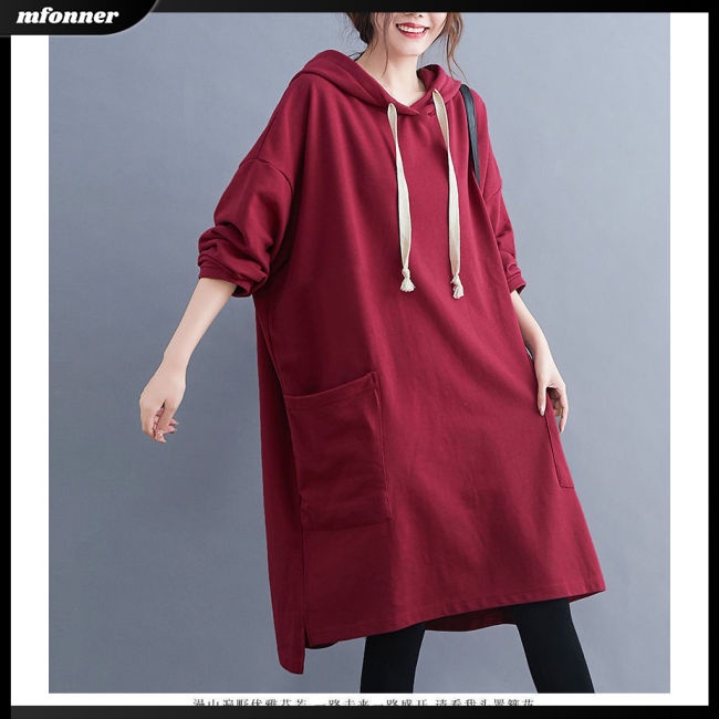 Đầm Hoodie Mỏng Dáng Rộng Tay Dài Màu Sắc Đơn Giản Cho Nữ Có Size Lớn