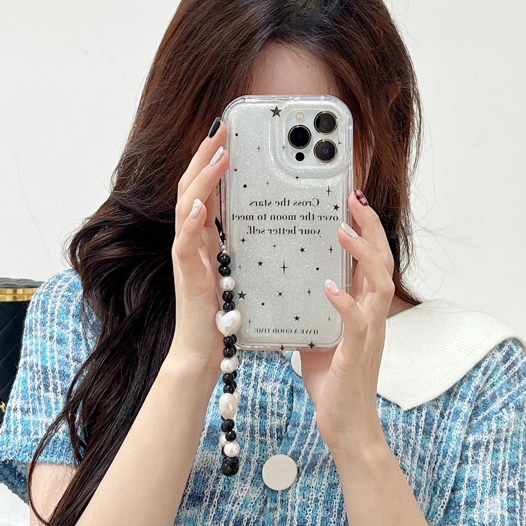 Ốp Điện Thoại Tpu Mềm Trong Suốt Hai Mặt Chống Sốc Phối Dây Xích Ngọc Trai Cho iphone 14Pro Max 13 12 11