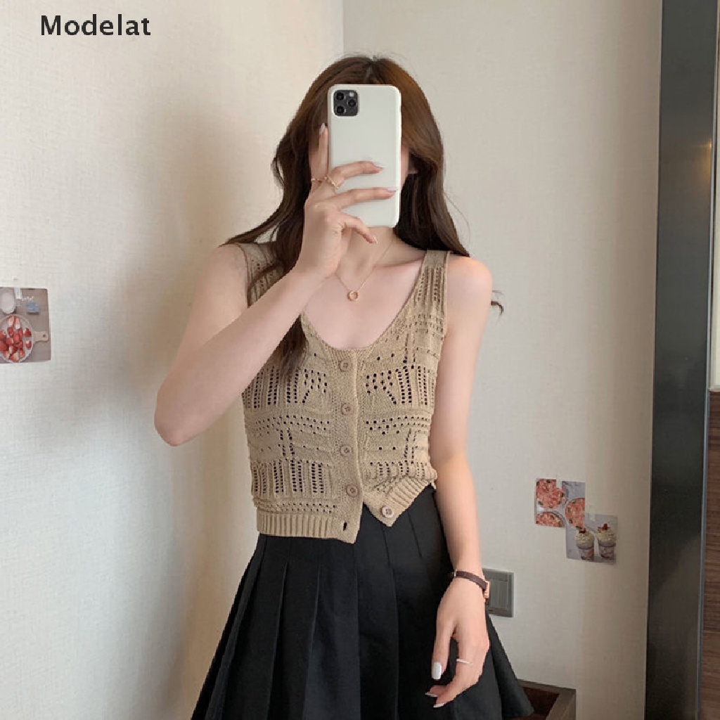 Áo Crop Top Dệt Kim Không Tay Màu Trơn Cài Nút Thời Trang Mùa Hè Cho Nữ