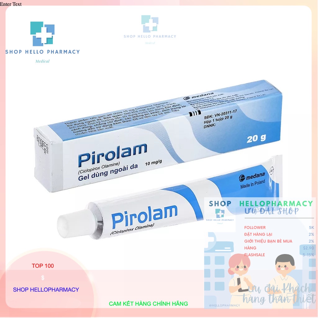 Gel bôi nấm PIROLAM 20g Xanh Dương/ Pirolam Xanh Lá/ Ciclopirox olamin 0.77 %