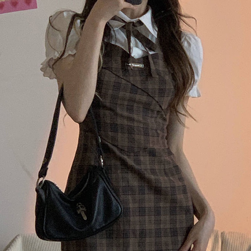 IELGY  Đầm polo Giả Hai Lớp Tay Phồng Họa Tiết Sọc Caro Phong Cách Học Sinh Dành Cho Nữ