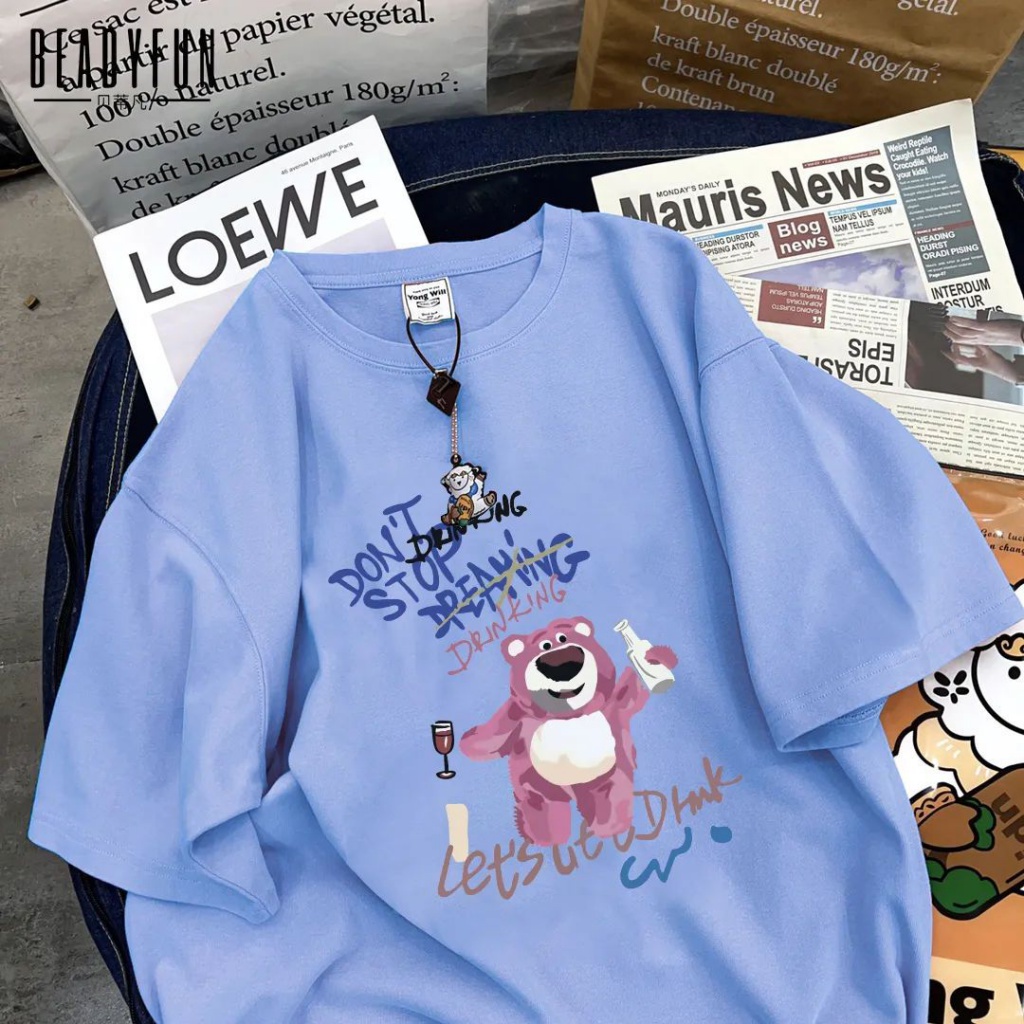 Áo Thun 100% Cotton Tay Ngắn In Hình Gấu Và Dâu Tây Phong Cách Harajuku Thời Trang Mùa Hè Hàng Mới Dành Cho Học Sinh Nam Và Nữ