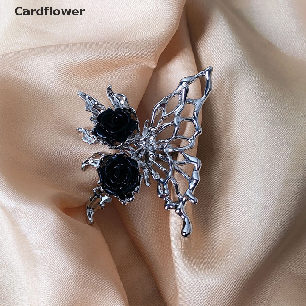 < Cardflower > Nhẫn Mở Kim Loại Hình Hoa Hồng / Bướm Đen Phong Cách Punk Vintage Có Thể Điều Chỉnh Làm Quà Tặng Cho Nữ