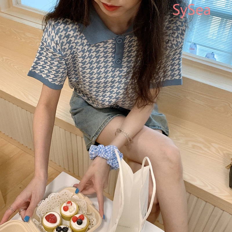 Áo Sơ Mi Dệt Kim Cổ Bẻ Sọc Ca Rô Thời Trang Hàn Quốc Cho Nữ