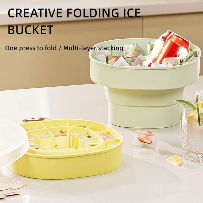 Xô Làm Đá Viên Bằng Silicone Đa Năng Có Thể Gấp Gọn Kèm Nắp Đậy Tiện Lợi